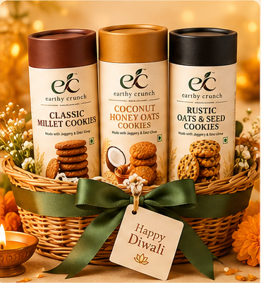 Earthy Crunch Diwali basket with 3 cookie boxes, complete basket visible