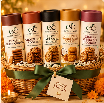 Earthy Crunch Diwali basket with 5 cookie boxes, complete basket visible