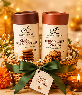 Earthy Crunch Diwali basket with 2 cookie boxes, complete basket visible