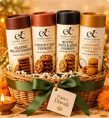 Earthy Crunch Diwali basket with 4 cookie boxes, complete basket visible